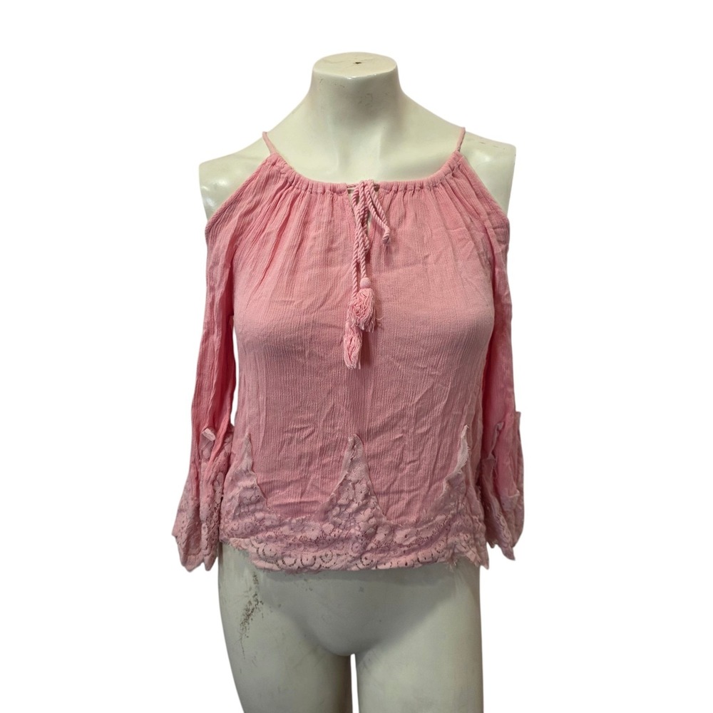 Soho Jeans Pink Cold Shoulder Lace Trim Peasant Boho Blouse Women's XS Top